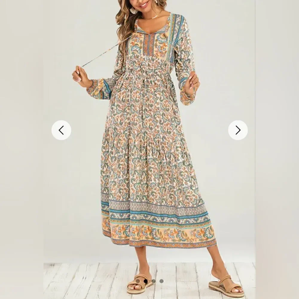 Hey Samy Smock Midi Dress In Blue & Mint Mixed Floral Printed Size M